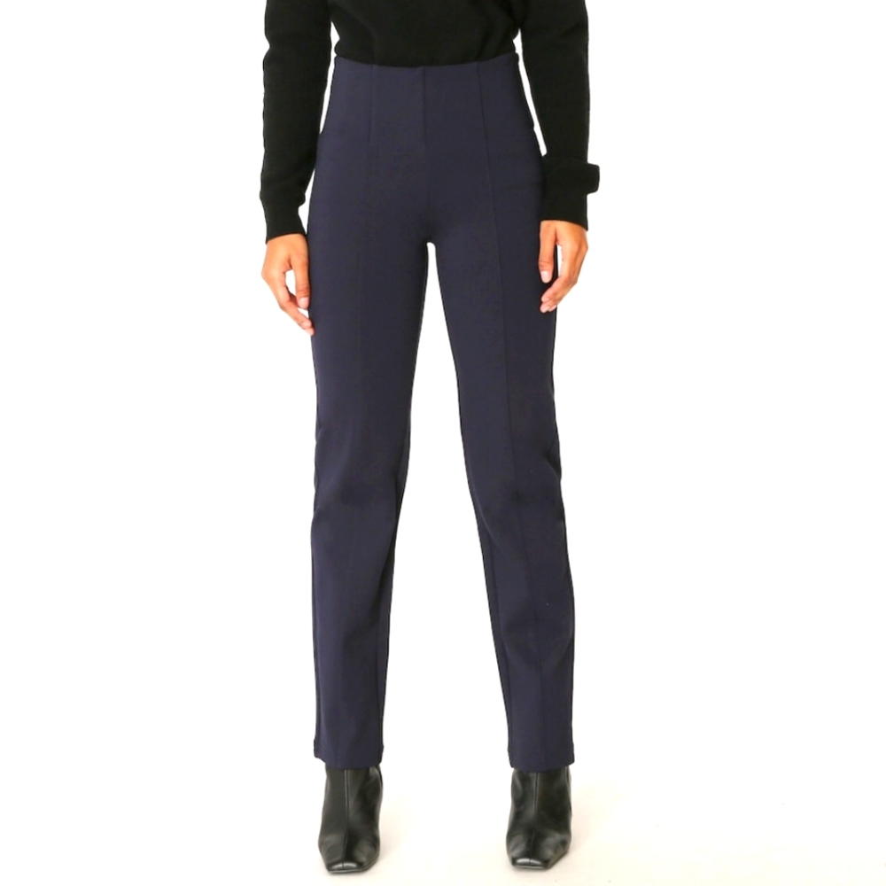 BELLINA Women's Large Mid-Rise Slim Pant Navy Blue Essential Basics Minimalist